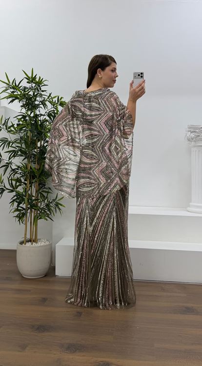 Vizon Kolları Pelerin Detay Pul Payet Büyük Beden Abiye Elbise