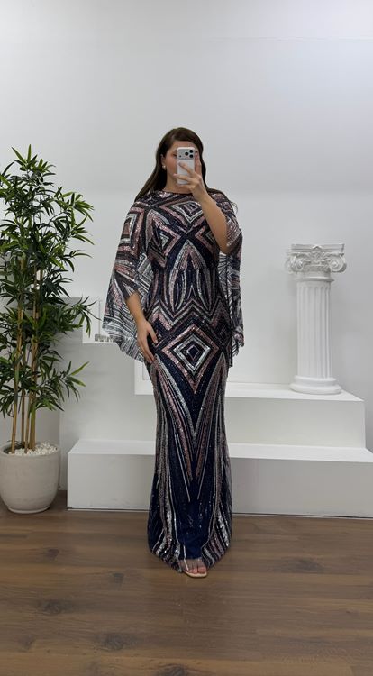 Lacivert Kolları Pelerin Detay Pul Payet Büyük Beden Abiye Elbise