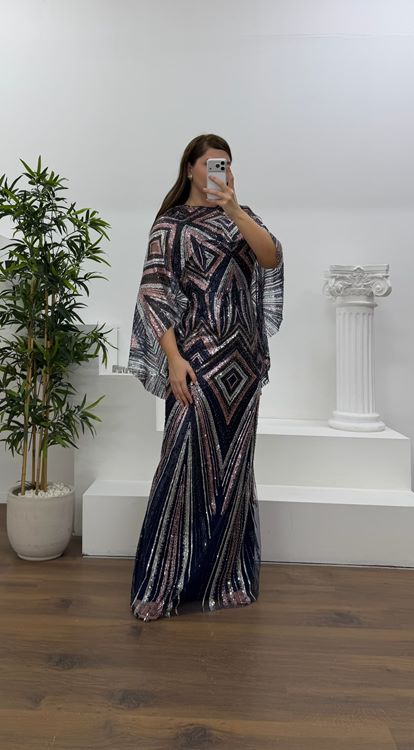 Lacivert Kolları Pelerin Detay Pul Payet Büyük Beden Abiye Elbise