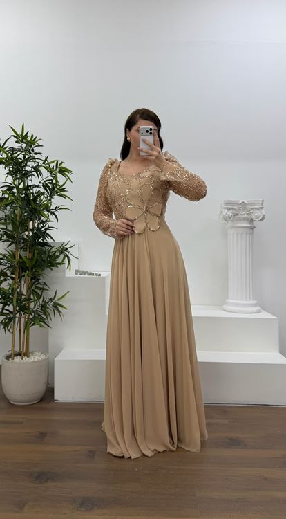 Gold Beli Çiçek Detay Şifon  Büyük Beden Abiye Elbise