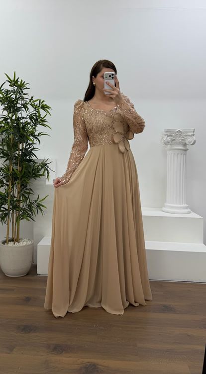 Gold Beli Çiçek Detay Şifon  Büyük Beden Abiye Elbise