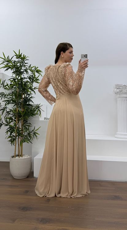 Gold Beli Çiçek Detay Şifon  Büyük Beden Abiye Elbise