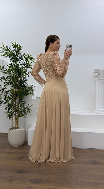 Gold Beli Çiçek Detay Şifon  Büyük Beden Abiye Elbise