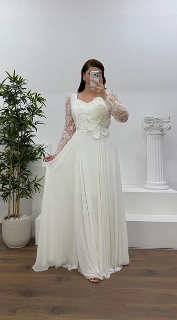 Ekru Beli Çiçek Detay Şifon  Büyük Beden Abiye Elbise