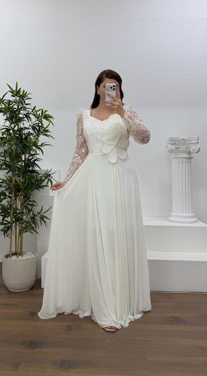 Ekru Beli Çiçek Detay Şifon  Büyük Beden Abiye Elbise