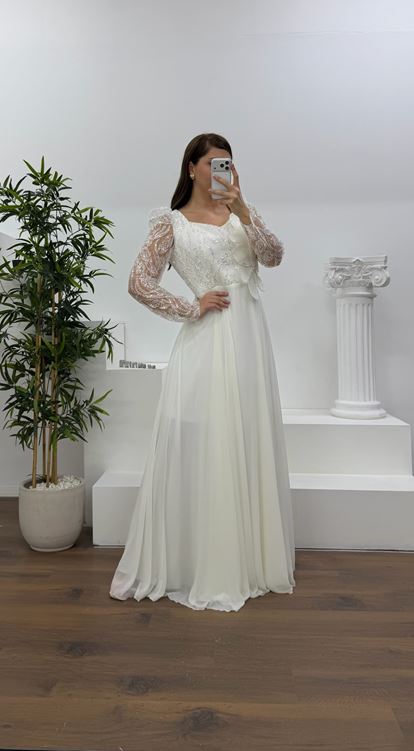 Ekru Beli Çiçek Detay Şifon  Büyük Beden Abiye Elbise