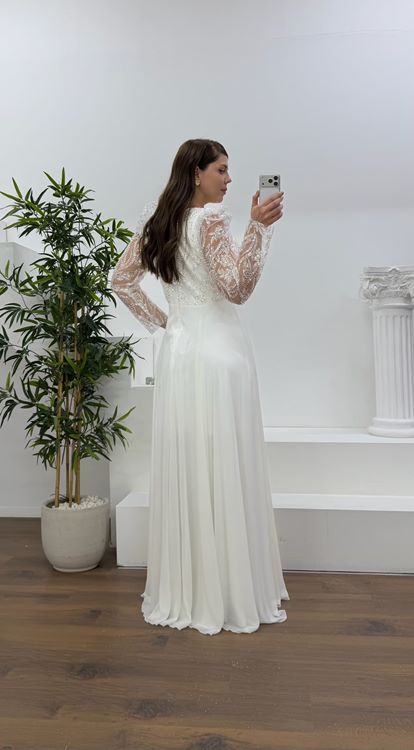 Ekru Beli Çiçek Detay Şifon  Büyük Beden Abiye Elbise