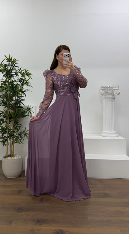 Lila Beli Çiçek Detay Şifon  Büyük Beden Abiye Elbise