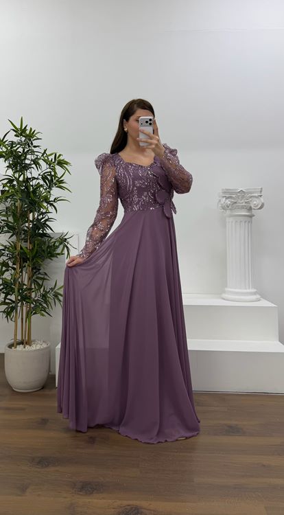 Lila Beli Çiçek Detay Şifon  Büyük Beden Abiye Elbise