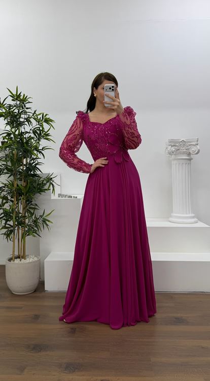 Fuşya Beli Çiçek Detay Şifon  Büyük Beden Abiye Elbise