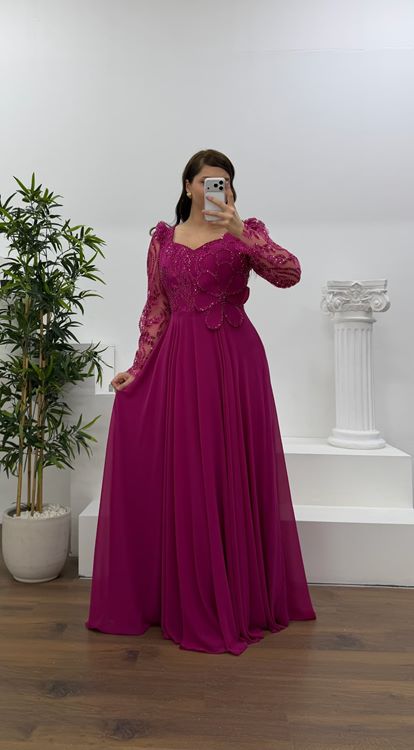 Fuşya Beli Çiçek Detay Şifon  Büyük Beden Abiye Elbise