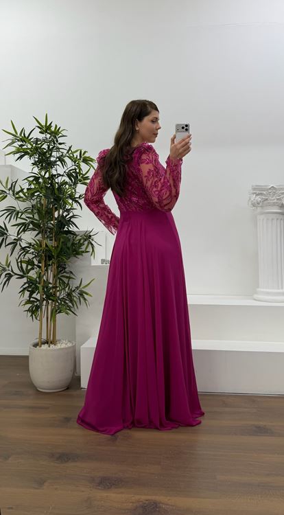 Fuşya Beli Çiçek Detay Şifon  Büyük Beden Abiye Elbise