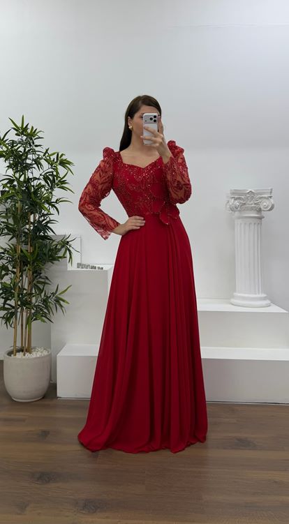 Kırmızı Beli Çiçek Detay Şifon  Büyük Beden Abiye Elbise