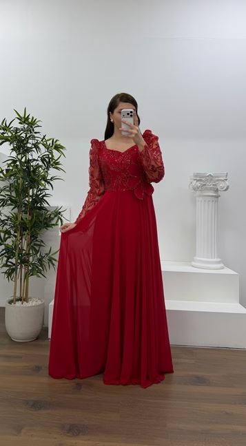 Kırmızı Beli Çiçek Detay Şifon  Büyük Beden Abiye Elbise