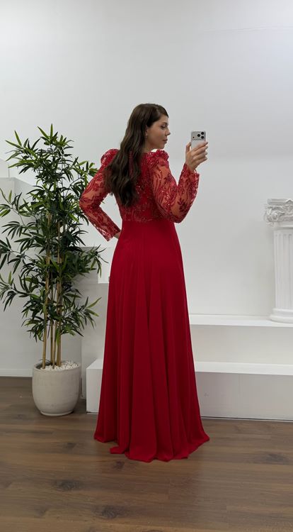 Kırmızı Beli Çiçek Detay Şifon  Büyük Beden Abiye Elbise