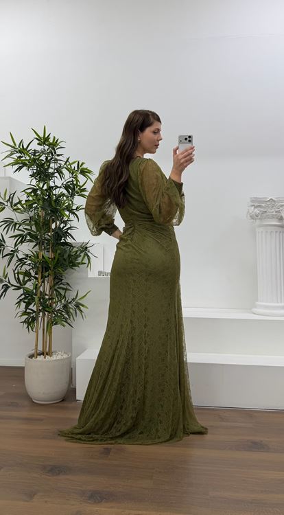 Haki Yumuşak Dantel Dokulu,  Taş Aplikeli Büyük Beden Abiye Elbise