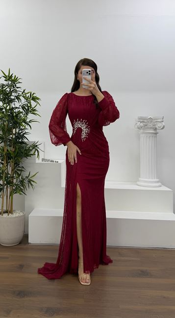 Bordo Yumuşak Dantel Dokulu,  Taş Aplikeli Büyük Beden Abiye Elbise