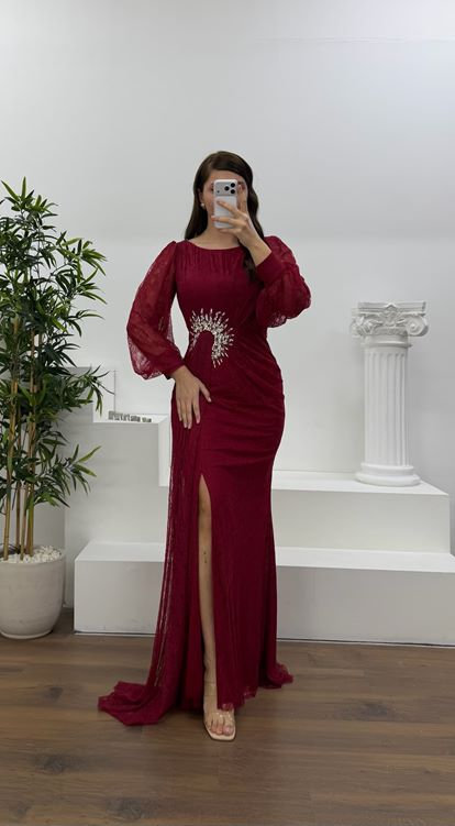 Bordo Yumuşak Dantel Dokulu,  Taş Aplikeli Büyük Beden Abiye Elbise