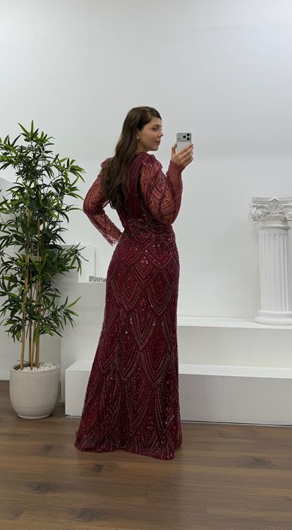Bordo Yıldız Boncuk İşlemeli Kolları Tül  Detaylı Büyük Beden Abiye Elbise