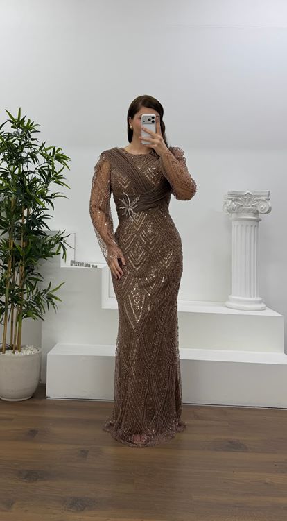 Vizon Yıldız Boncuk İşlemeli Kolları Tül  Detaylı Büyük Beden Abiye Elbise