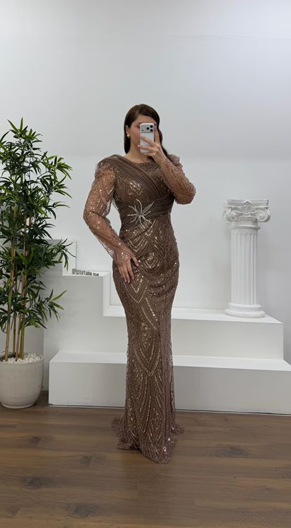 Vizon Yıldız Boncuk İşlemeli Kolları Tül  Detaylı Büyük Beden Abiye Elbise