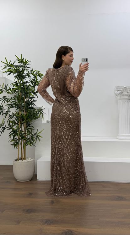 Vizon Yıldız Boncuk İşlemeli Kolları Tül  Detaylı Büyük Beden Abiye Elbise