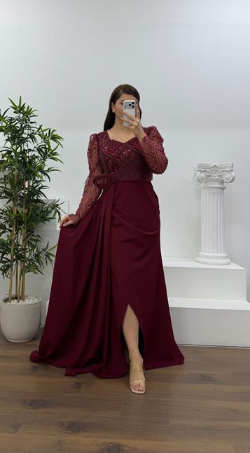 Bordo İşlemeli  Bel Detaylı Şifon Büyük Beden  Abiye Elbise
