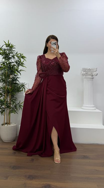 Bordo İşlemeli  Bel Detaylı Şifon Büyük Beden  Abiye Elbise