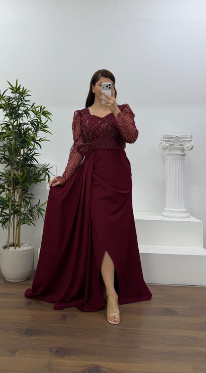 Bordo İşlemeli  Bel Detaylı Şifon Büyük Beden  Abiye Elbise