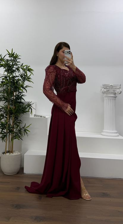 Bordo İşlemeli  Bel Detaylı Şifon Büyük Beden  Abiye Elbise