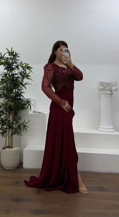 Bordo İşlemeli  Bel Detaylı Şifon Büyük Beden  Abiye Elbise