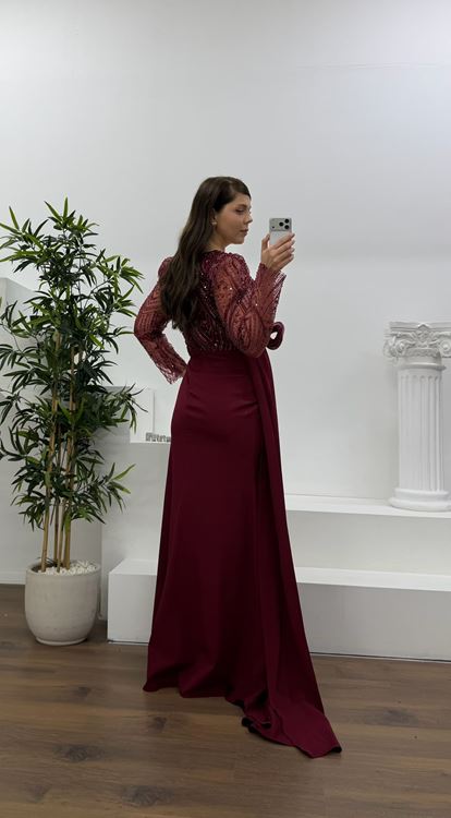 Bordo İşlemeli  Bel Detaylı Şifon Büyük Beden  Abiye Elbise