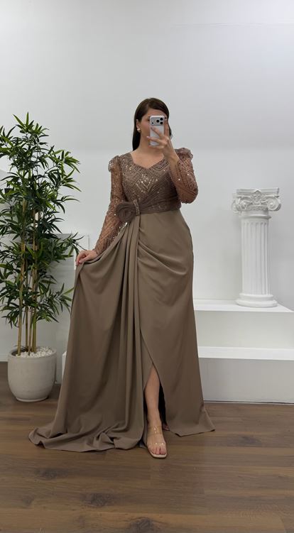 Vizon İşlemeli  Bel Detaylı Şifon Büyük Beden  Abiye Elbise