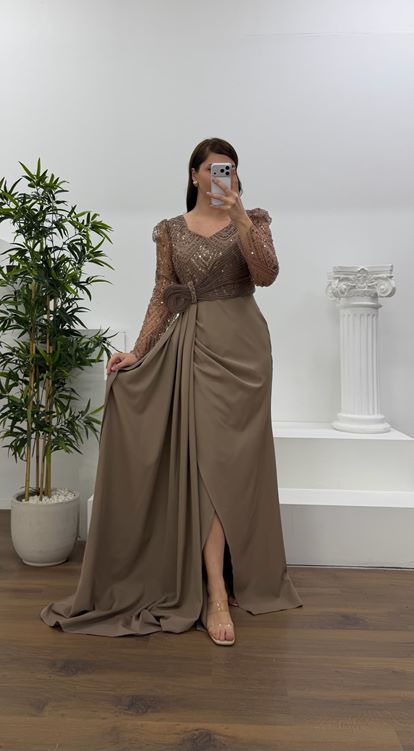 Vizon İşlemeli  Bel Detaylı Şifon Büyük Beden  Abiye Elbise