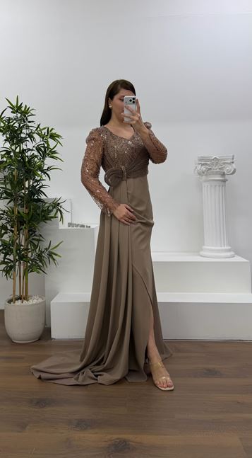 Vizon İşlemeli  Bel Detaylı Şifon Büyük Beden  Abiye Elbise