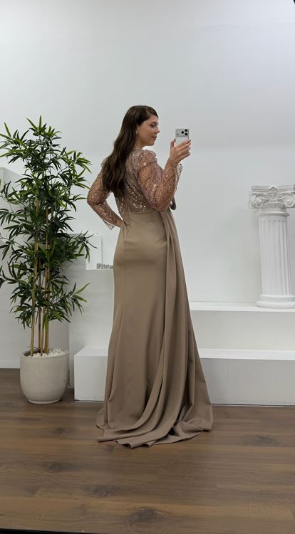 Vizon İşlemeli  Bel Detaylı Şifon Büyük Beden  Abiye Elbise