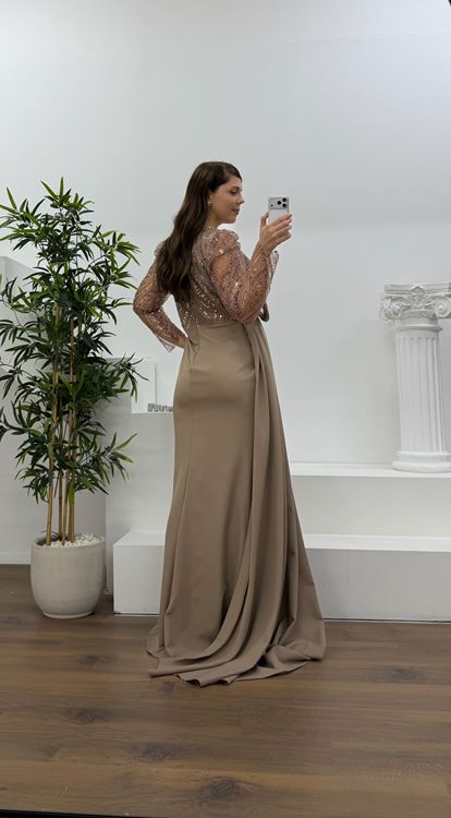 Vizon İşlemeli  Bel Detaylı Şifon Büyük Beden  Abiye Elbise