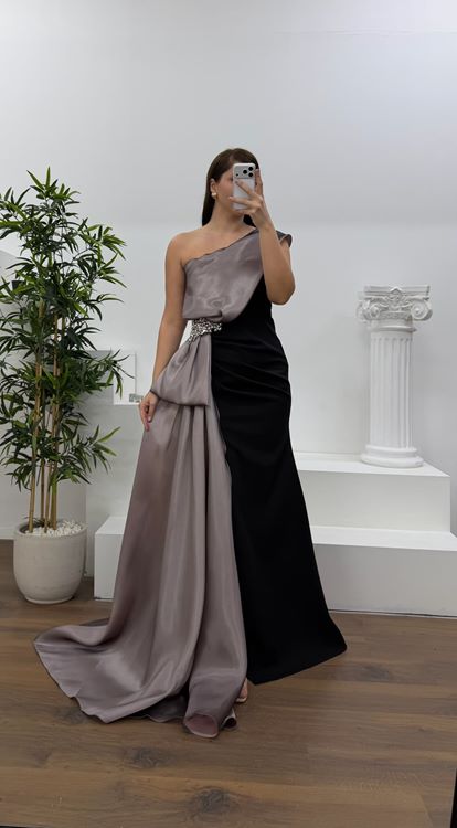 Lila Tek Omuz Taş Detay Büyük Beden Abiye Elbise