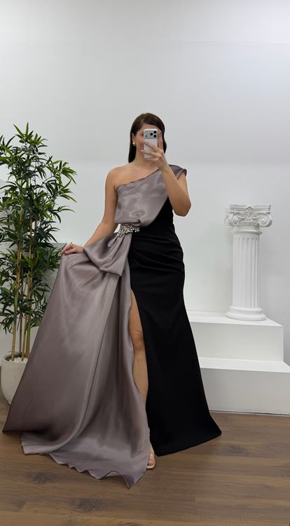 Lila Tek Omuz Taş Detay Büyük Beden Abiye Elbise