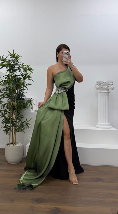 Çağla Tek Omuz Taş Detay Büyük Beden Abiye Elbise