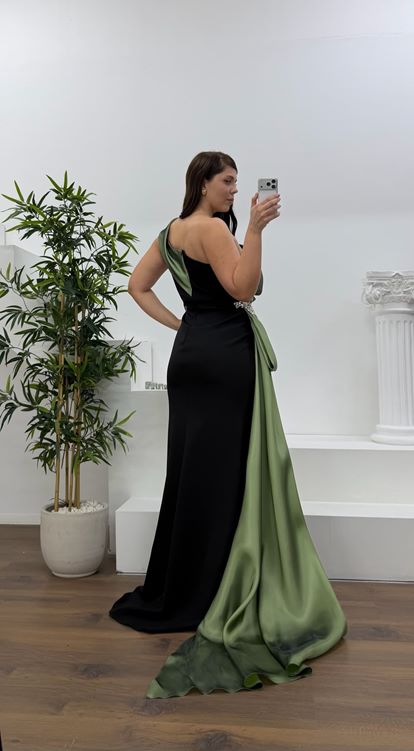 Çağla Tek Omuz Taş Detay Büyük Beden Abiye Elbise