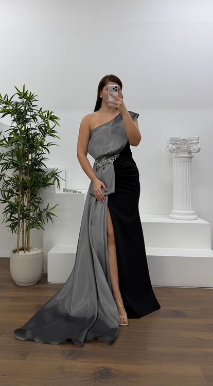 Gümüş Tek Omuz Taş Detay Büyük Beden Abiye Elbise