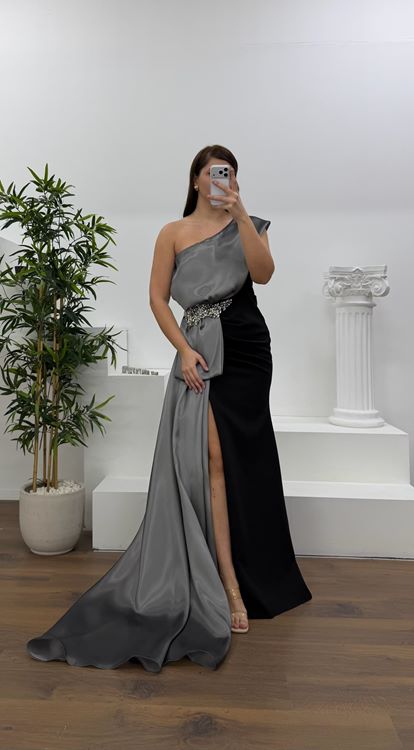 Gümüş Tek Omuz Taş Detay Büyük Beden Abiye Elbise