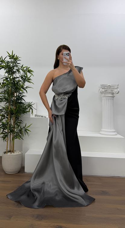 Gümüş Tek Omuz Taş Detay Büyük Beden Abiye Elbise