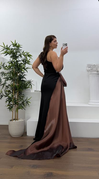 Kahve Tek Omuz Taş Detay Büyük Beden Abiye Elbise