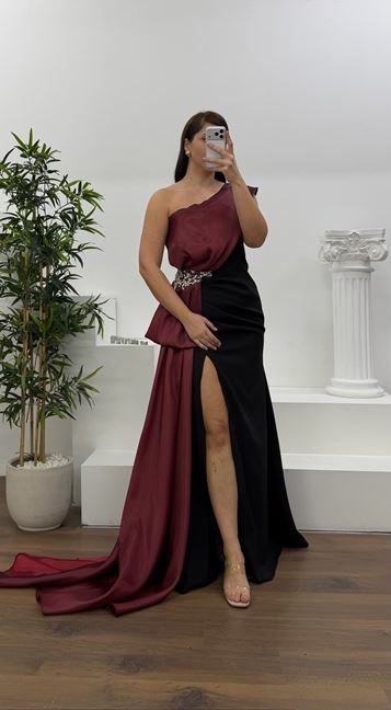 Bordo Tek Omuz Taş Detay Büyük Beden Abiye Elbise