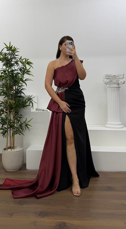 Bordo Tek Omuz Taş Detay Büyük Beden Abiye Elbise