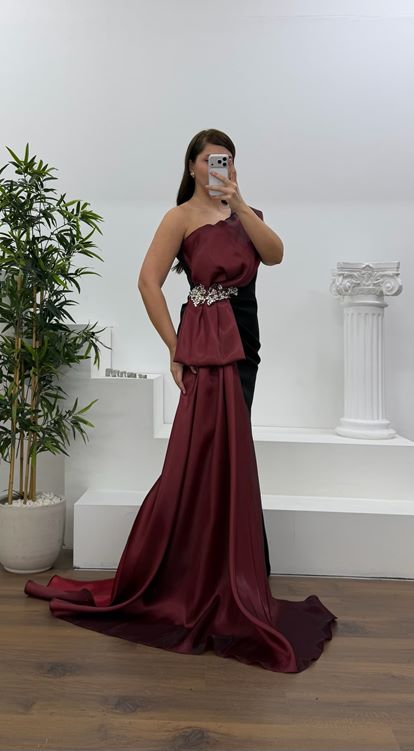 Bordo Tek Omuz Taş Detay Büyük Beden Abiye Elbise