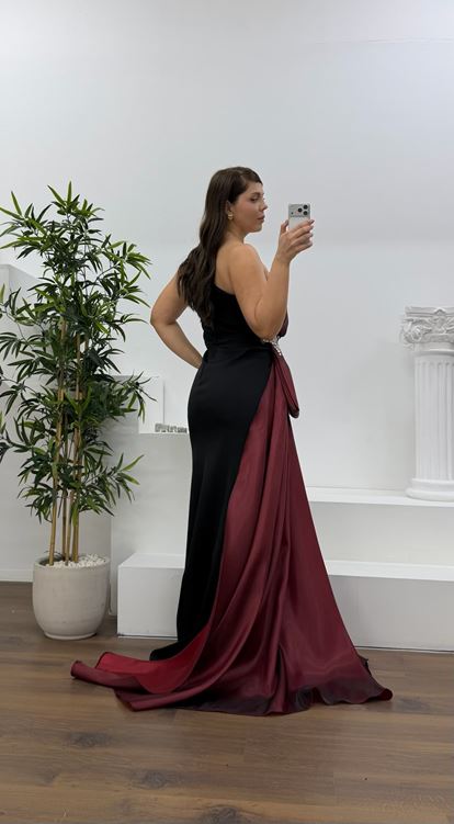 Bordo Tek Omuz Taş Detay Büyük Beden Abiye Elbise