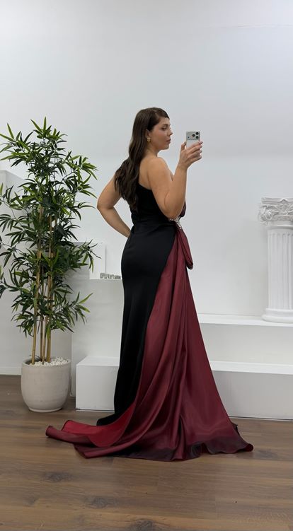 Bordo Tek Omuz Taş Detay Büyük Beden Abiye Elbise